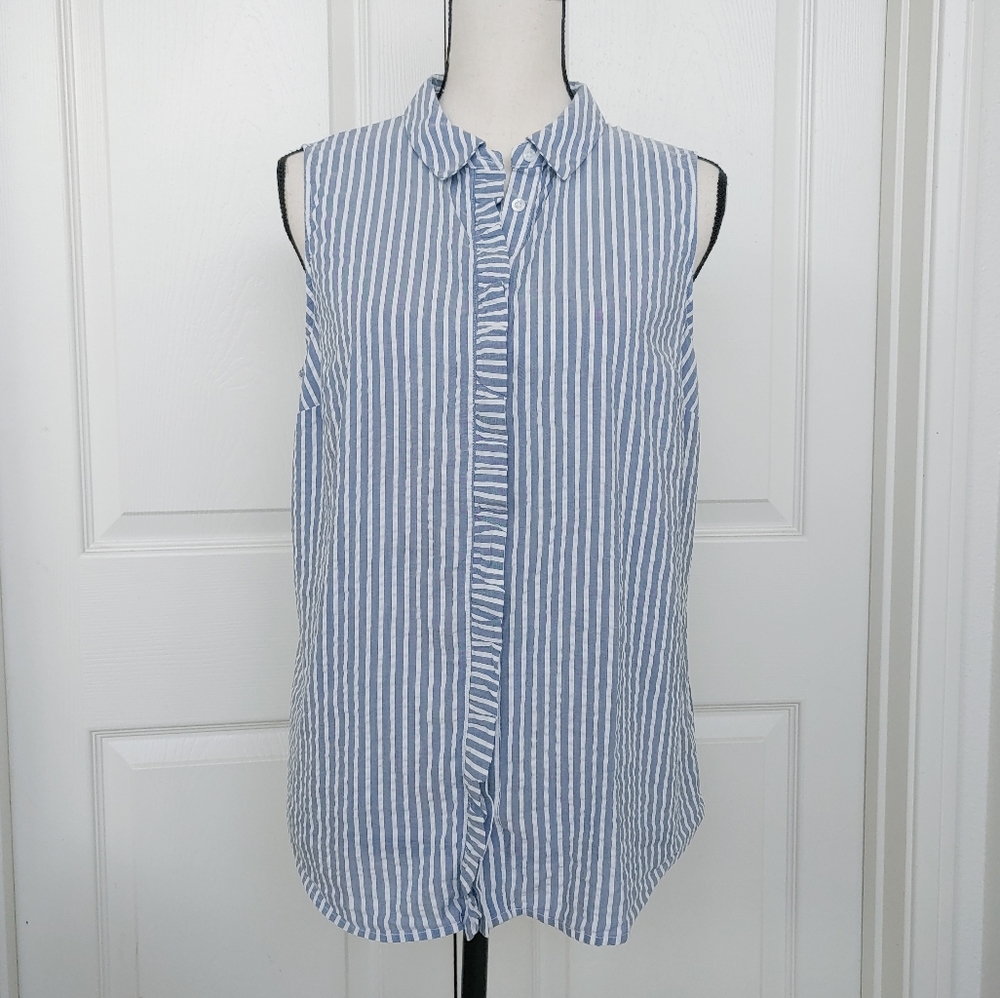 Chambray Stripe Seersucker Sleeveless Ruffle Button Down Shirt